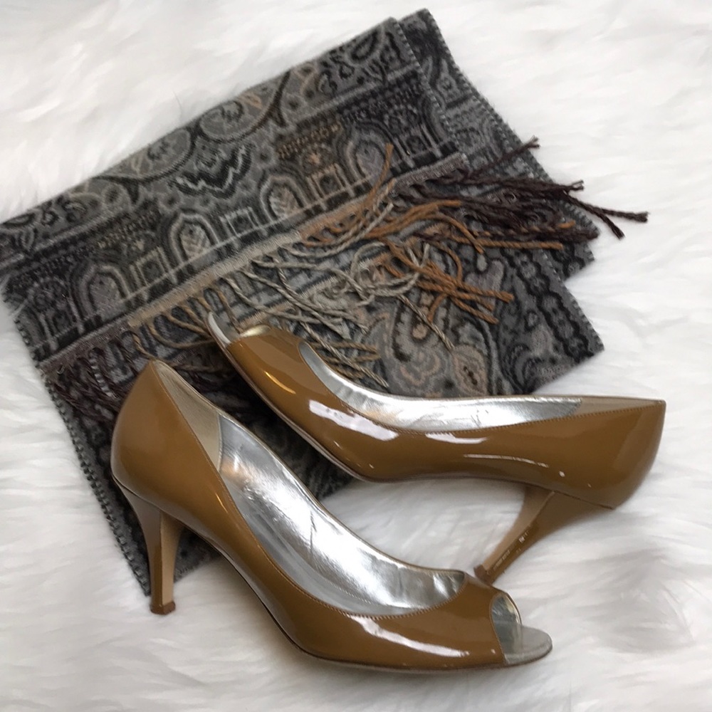 J. Crew camel patent leather peep toe pumps sz 9
